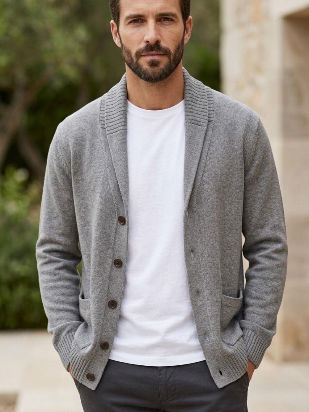 Men's Shawl Collar Gray Button-Up Cardigan Sweater